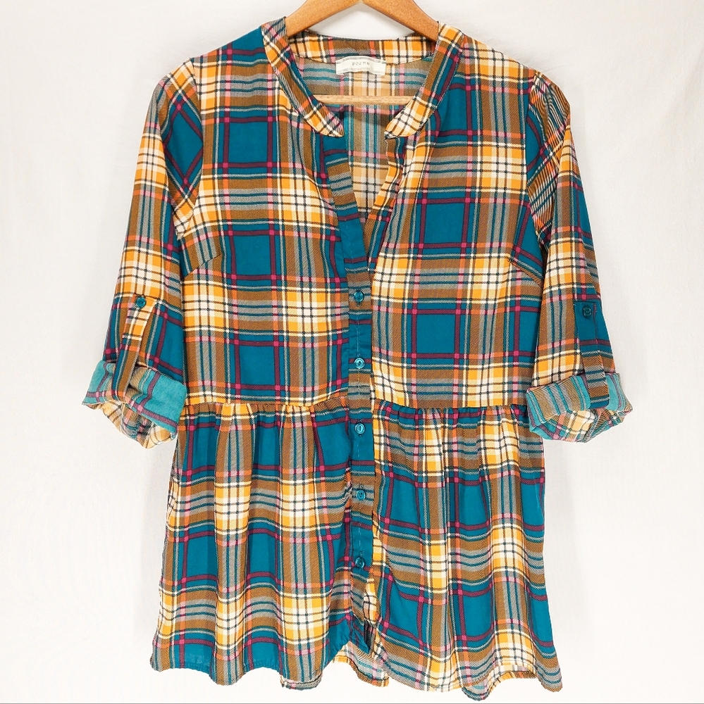 Poema Button Down Top Plaid Sz M